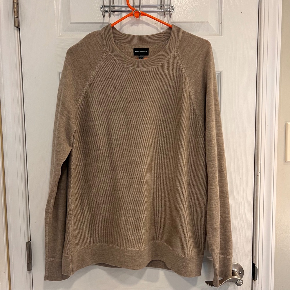 Club Monaco Mens XL‎ Merino Wool Textured Crewneck Sweater Tan Oatmeal Raglan